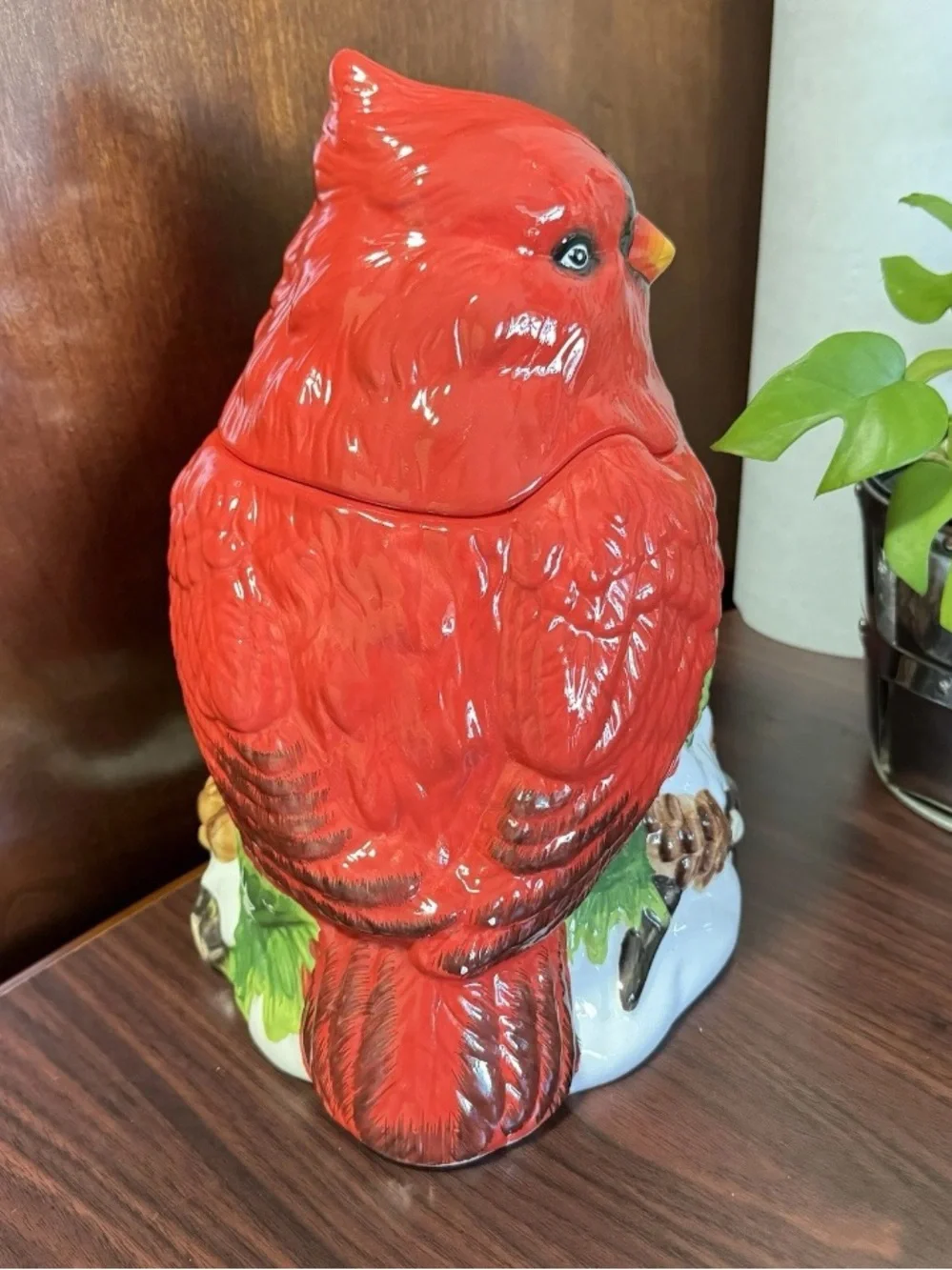 Vintage Hand Painted Mercuries Ceramic Red Cardinal Cookie Jar/Canister